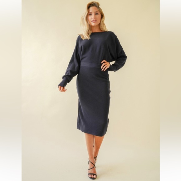 🆕Sweater Dress Dolman Sleeve Boat Neck Navy Belted Waist S, M & L Available - Picture 2 of 7